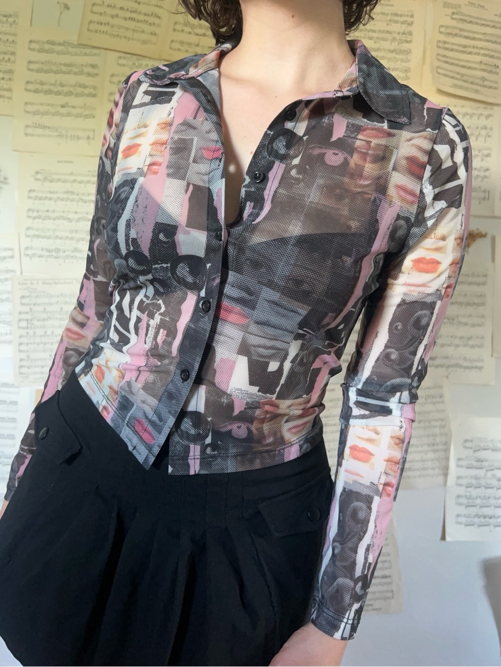 The Ragged Priest Sheer Abstract Collage Button-Down Top in Pink & Black